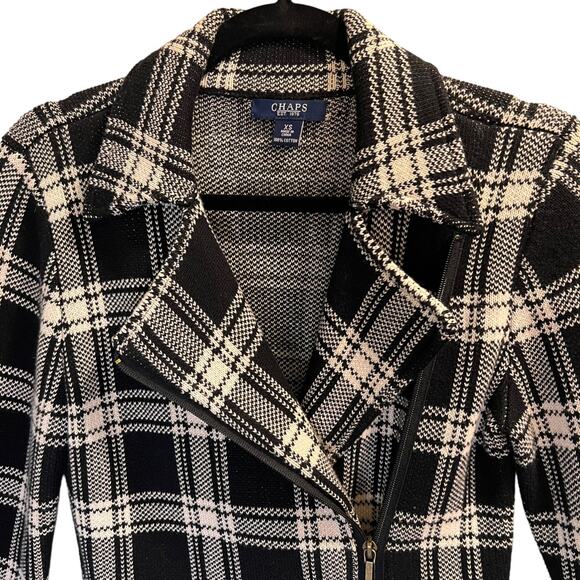 Chaps Women's Black White Plaid Cotton Full Zip Knit Long Sleeve Jacket Size XS - Picture 2 of 16